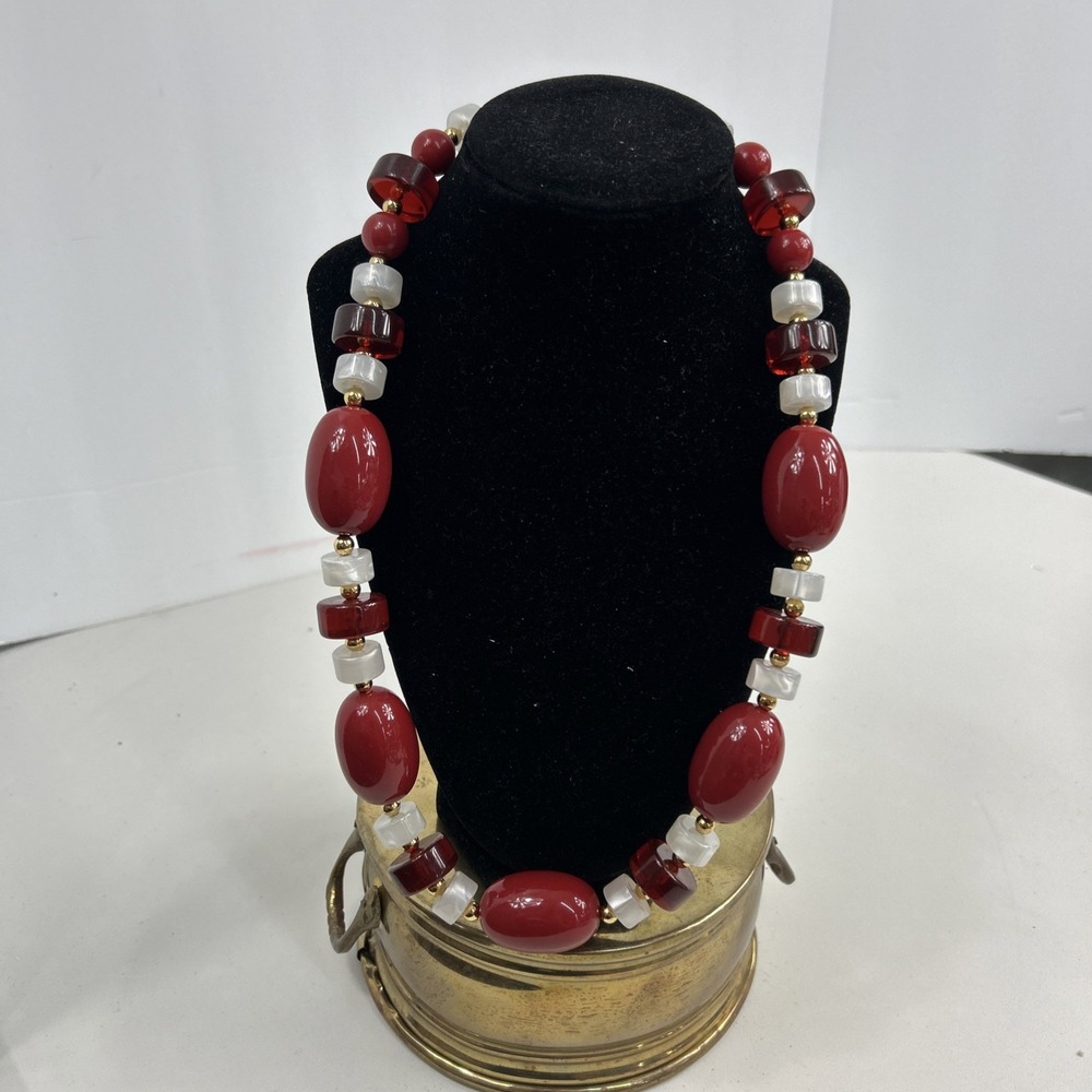 Vintage Monet Red‎ Burgundy White and Gold Beaded Necklace 24"Statement